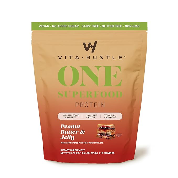 VitaHustle ONE Meal Replacement Shake - Plant Based Protein Powder by Kevin Hart - Vegan, Meal Replacement Powder with Superfoods, Vitamins, Adaptogens & Probiotics - Peanut Butter & Jelly Flavor, 15 Servings