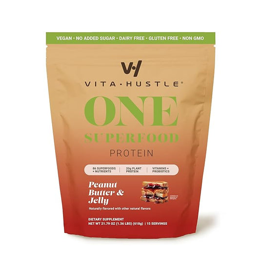 VitaHustle ONE Meal Replacement Shake - Plant Based Protein Powder by Kevin Hart - Vegan, Meal Replacement Powder with Superfoods, Vitamins, Adaptogens & Probiotics - Peanut Butter & Jelly Flavor, 15 Servings