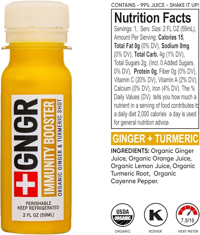 '+GNGR 24 Shots Variety Pack of Organic Immunity Boosting Ginger Shots - Cold Pressed Ginger Shots for All Natural Digestive and Immune Support - Nothing Artificial - USDA Organic (2 Fl Oz, 24 Pack)