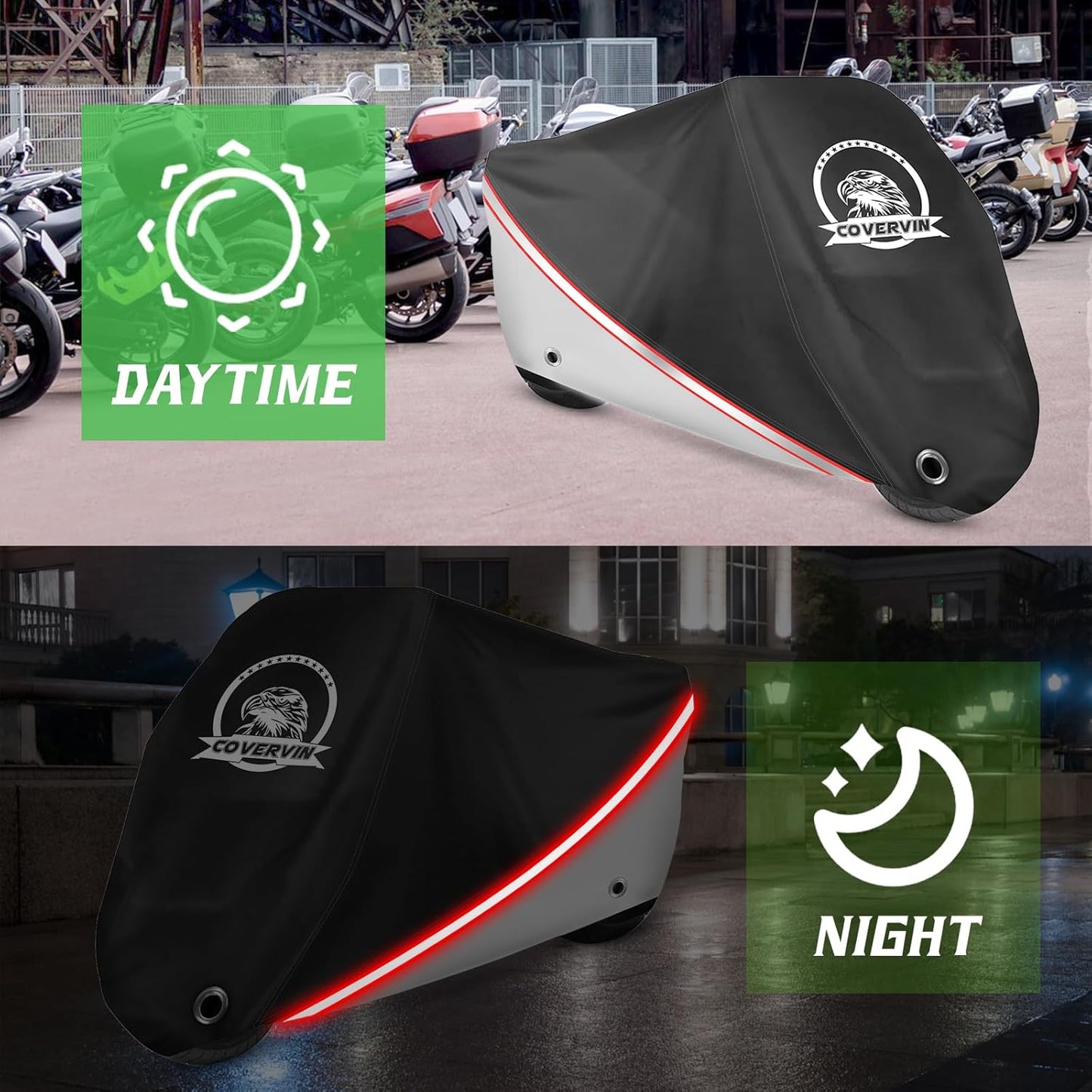 COVERVIN Motorcycle Cover, All Weather Outdoor Waterproof Night Protection with Reflective Strips, Locking Holes and Storage Bag for 116 Inch Suzuki, Kawasaki, Honda, Harley-Davidson(Silver XXXL)