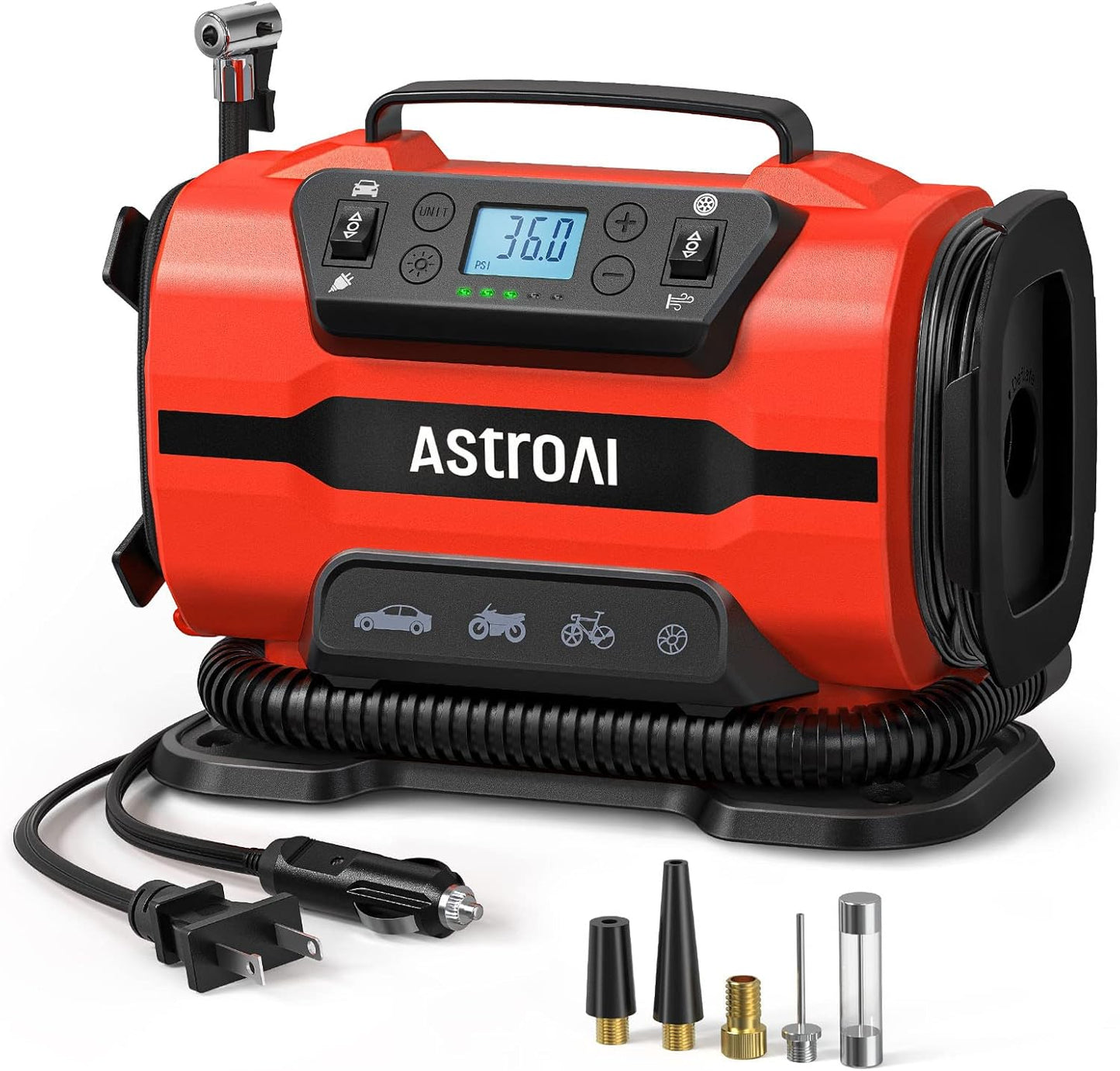 AstroAI Tire Inflator Portable Air Compressor Pump 150PSI 12V DC/110V AC with Dual Metal Motors &LED Light， Automotive Car Accessories&Two mode for car, bicycle tires and air mattresses, Red