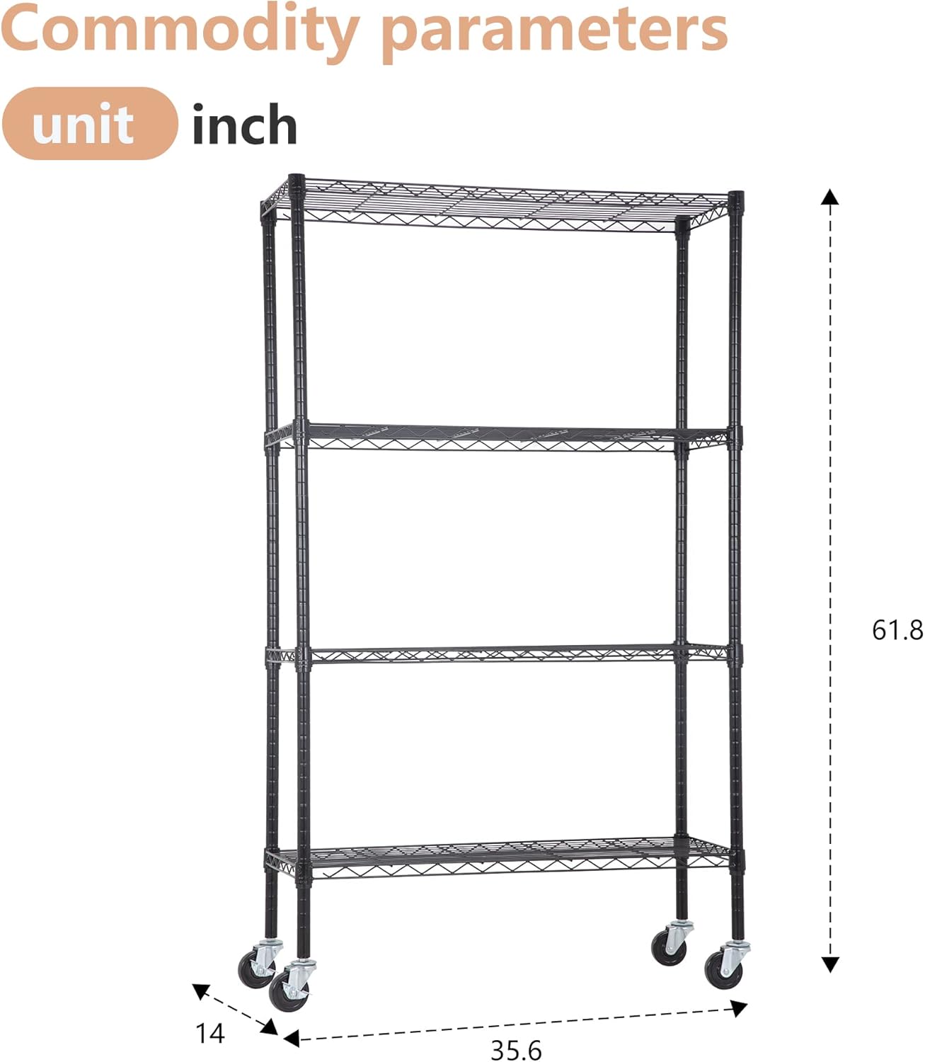 4-Tier Adjustable NSF-Certified Metal Shelf 36L x 14W x 62H Wire Shelving Unit Storage with Wheel for Small Places Restaurant Garage Pantry Kitchen Garage Rack,Black