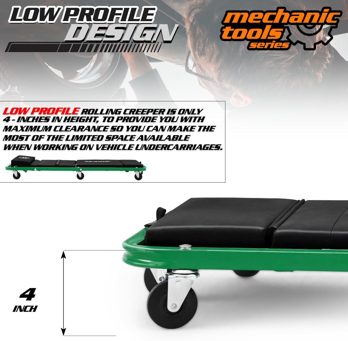 M-AUTO Heavy-Duty Convertible Mechanic Creeper, Z-Creeper 2-in-1 Creeper and Seat 48" Padded Adjustable Headrest Roller Garage Chair with 7 Swivel Casters for Washing, Detailing, Maintenance, Green