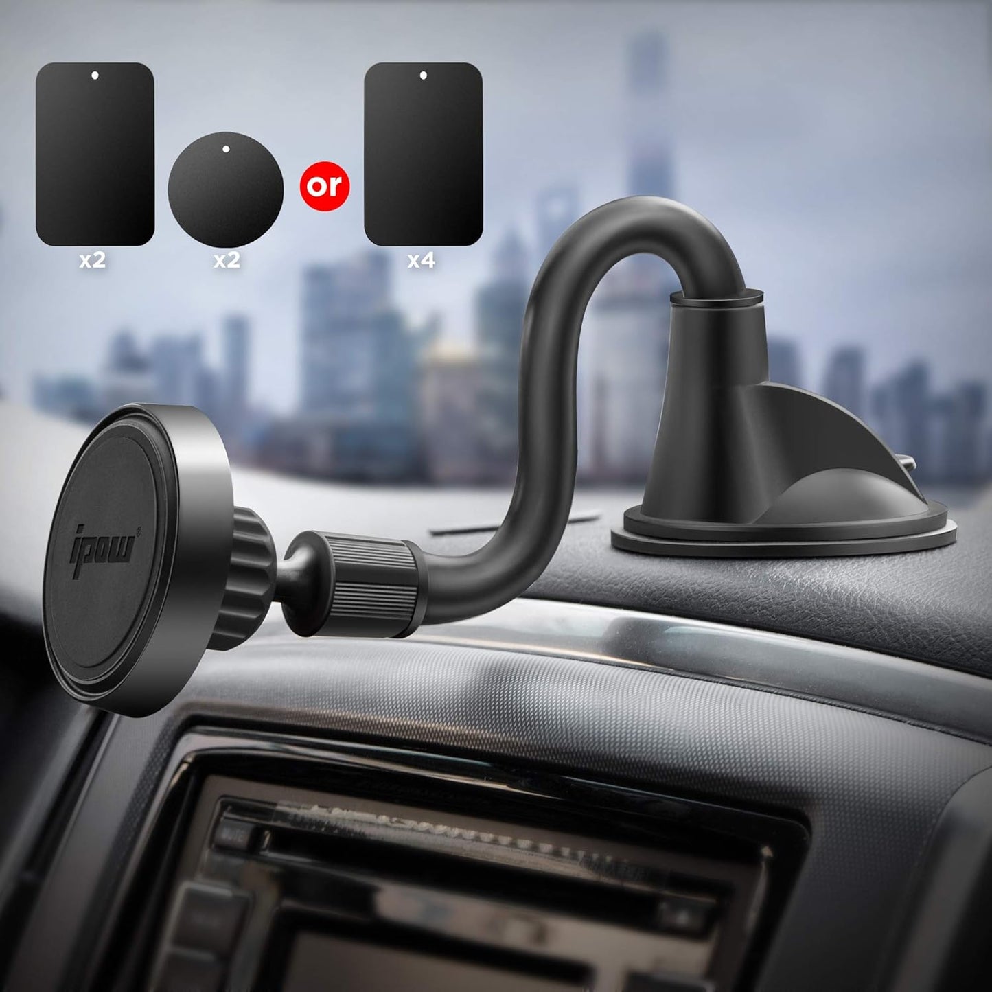 IPOW Long Arm Universal Magnetic Cradle Windshield Dashboard Cell Phone Mount Holder with 4 Metal Plates, Soft Firm Goose Arm & Enhanced Suction Cup