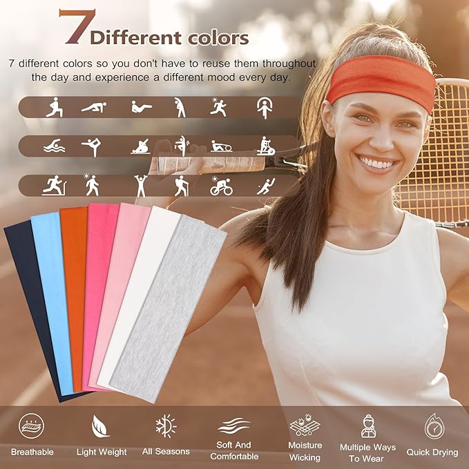 Headbands for Women Non Slip - 7PCS Fashion Sports Hair Bands for Women's Hair, Soft Cotton Cloth Stretchy Headbands for Women for Workout Yoga Running
