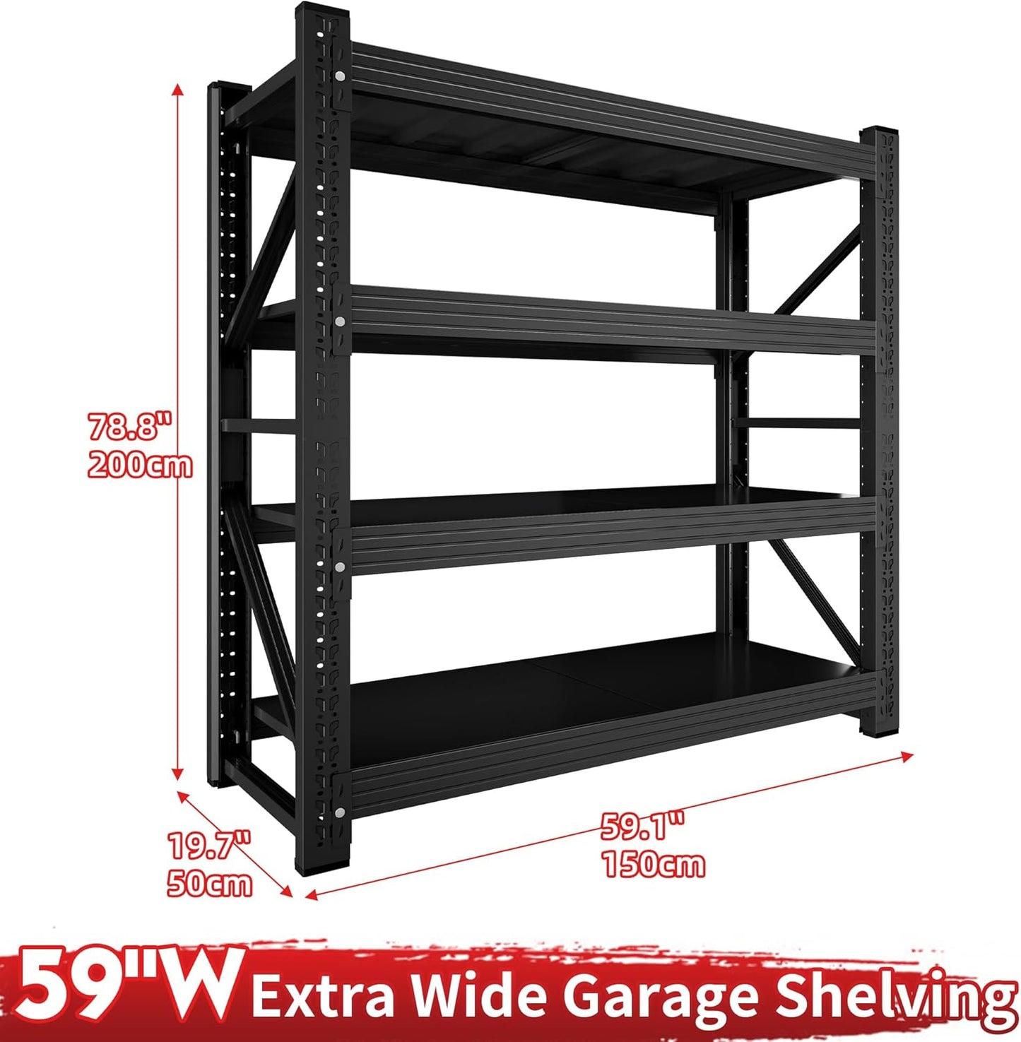 5000LBS Garage Shelving 59" W Garage Shelving Heavy Duty 4-Tier Metal Storage Shelves Adjustable Shelf Unit Storage Rack for Basement Supermarket Warehouse 59.1Wx19.7Dx78.8H Black