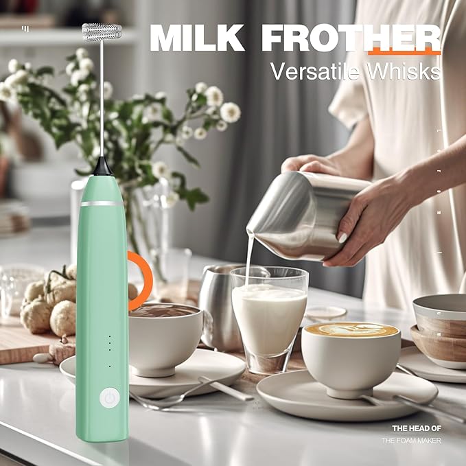 Milk Frother Rechargeable Handheld Electric Whisk Coffee Frother Mixer with 2 Stainless whisks 3 Speed Adjustable Foam Maker Blender for Coffee Matcha Latte Cappuccino(Avocado Green)