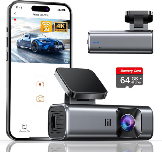 4K Dash Cam Front, Built-in 5G WiFi, 64GB Card Included, Dash Camera for Cars, Mini Dashcam with Super Night Vision, Loop Recording, G-Sensor, 24 Hours Parking Monitor, Support 256GB Max