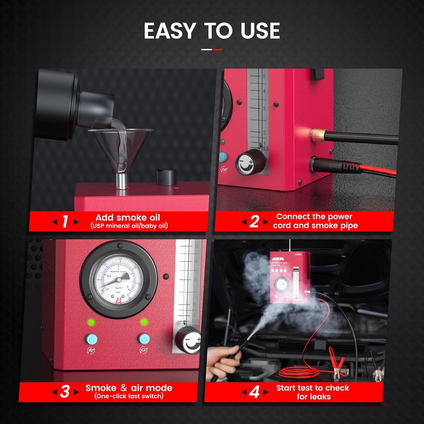 ANCEL S3000-US Smoke Machine Automotive with Built-in Air Compressor, Pressure Gauge & Adjustable Flow Meter, Automotive Smoke Machine Leak Detector for EVAP, Fuel, Vacuum System & More