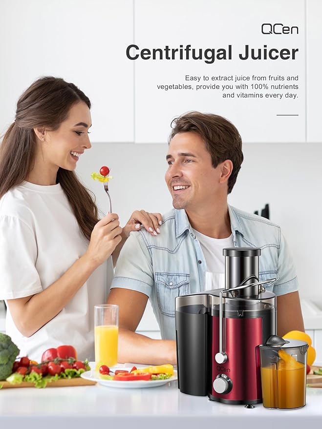 QCen Juicer Machine, 800W Centrifugal Juicer Extractor with Wide Mouth 3” Feed Chute for Fruit Vegetable, Easy to Clean, Stainless Steel, BPA-free (Metallic Red)