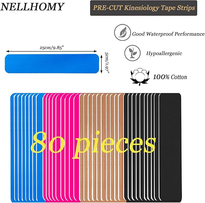 Kinesiology Tape Precut |80Strips - Elastic Pro Athletic Tape,Cotton Waterproof Breathable Sport Tape for Knee,Elbow Muscle & Joints Support & Pain Relief(Mixed)