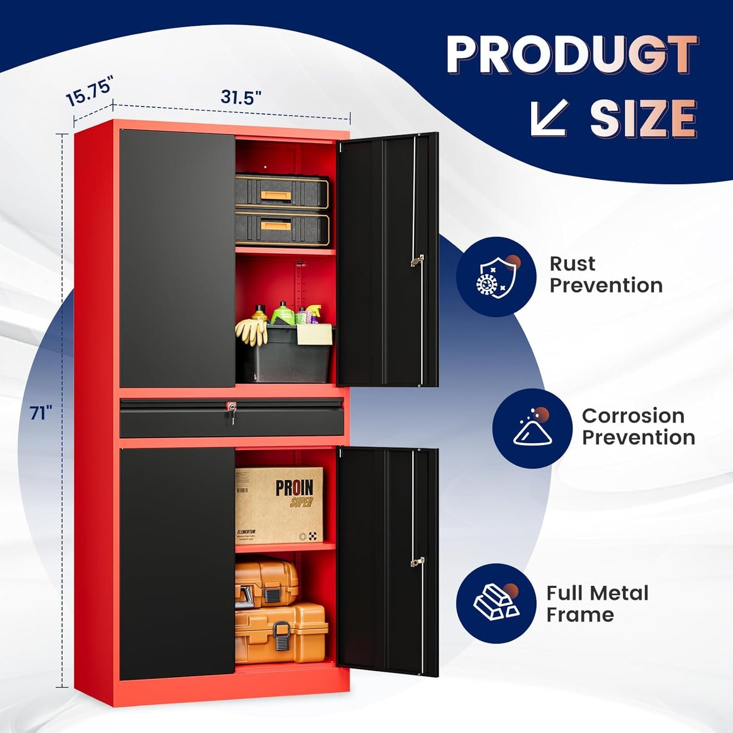 Yizosh Metal Garage Storage Cabinet with Locking Doors and Adjustable Shelves,- 71" Tool Storage Cabinet with 1 Drawer for Garage,Office,Warehouse