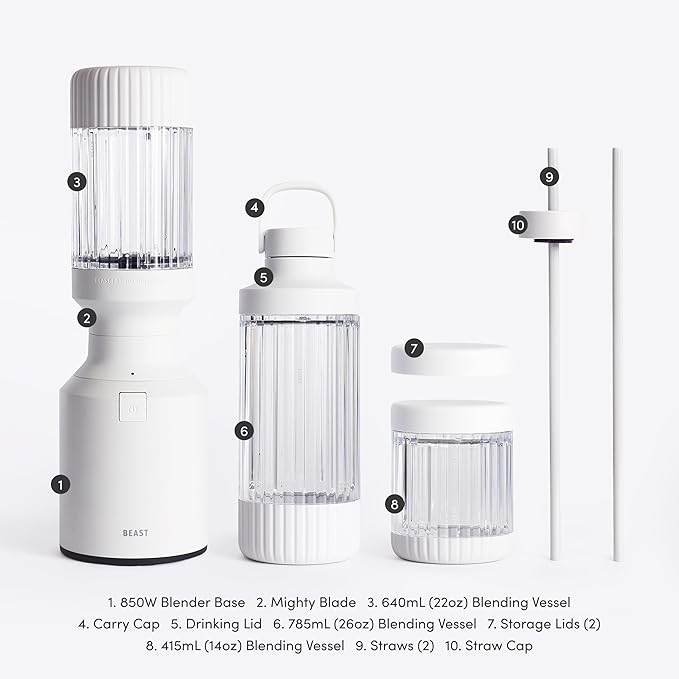 Beast Mighty 850 Plus | Premium Compact Personal Blender | Smoothies, Shakes, Dressings, Sauces | Blends Ice and Frozen Fruit | New XL Vessel | Extra Vessels, Lids and Straws | 850W (Cloud White)