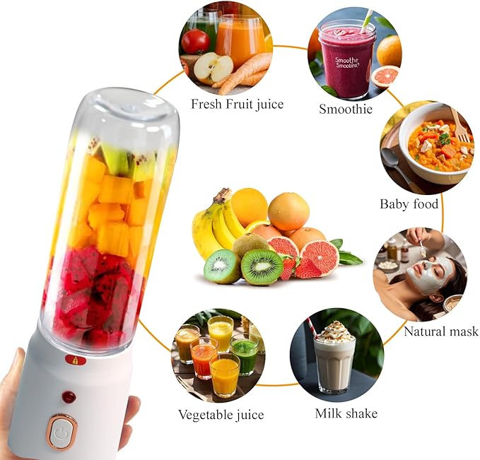 Mini Juicer Blender Portable, Personal Size for Smoothies and Shakes, 500 ML, USB Rechargeable, Fresh Juicer Cup, Two Bottle, Home, Kitchen, Gym, Office, Travel, Easy to Clean