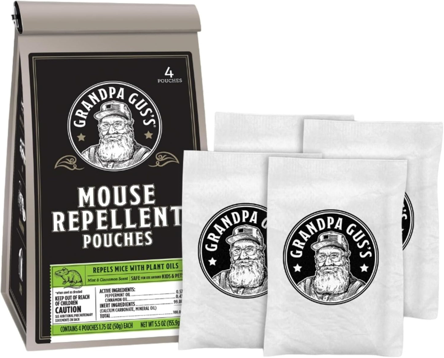 Grandpa Gus's Extra-Strength Mouse Repellent Pouches, Cinnamon/Peppermint Oils Repel Mice from Nesting & Freshen Air in Car/RV/Boat/Garage/Shed/Cabin (Pack of 4)