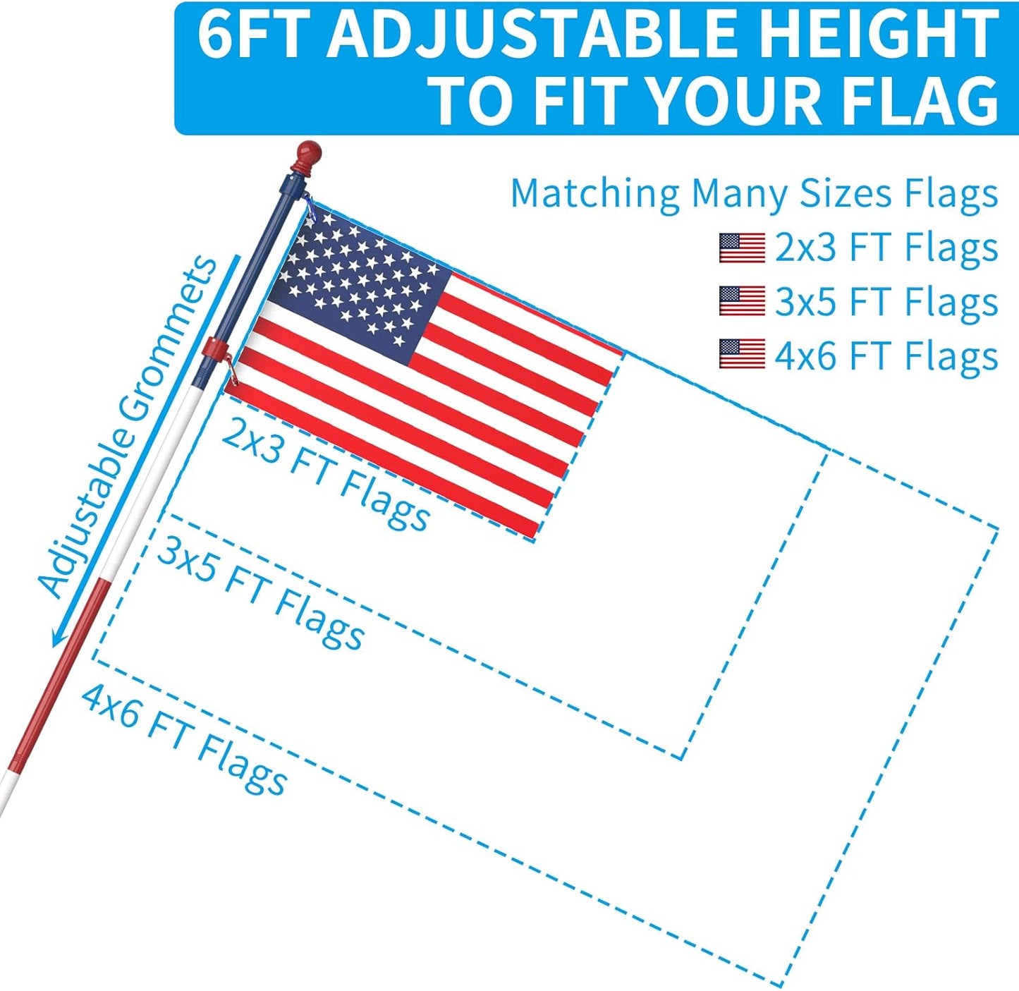 ZMTECH Flag Pole - Upgraded Bracket,(2 Packs) 6 FT Stainless Steel Flag Poles for Outside House, Residential or Commerical, Tangle Free Flag Pole Kit (Without Flag, Blue&White&Red)