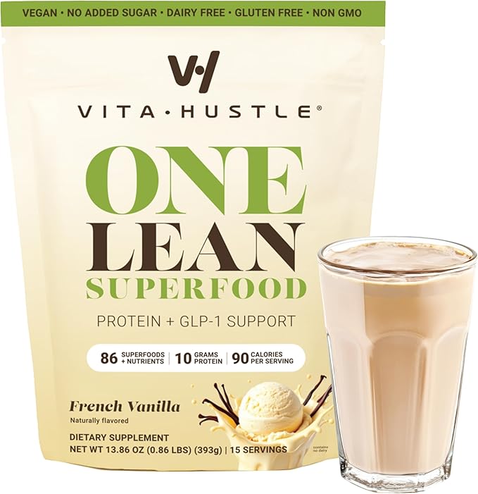 VitaHustle ONE Superfood Lean Protein Powder, All-in-One Nutrition Shake, 10g Plant Protein, Multivitamins, Ashwagandha, Low Calorie, Postbiotics, 15 Servings