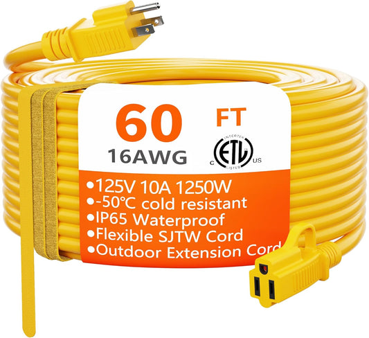 HUANCHAIN Outdoor Extension Cord 60 Foot Waterproof, 16/3 Gauge Flexible Cold-Resistant Appliance Extension Cable Outside, 10A 1250W 16AWG, 3 Prong Heavy Duty Electric Cord Yellow, ETL