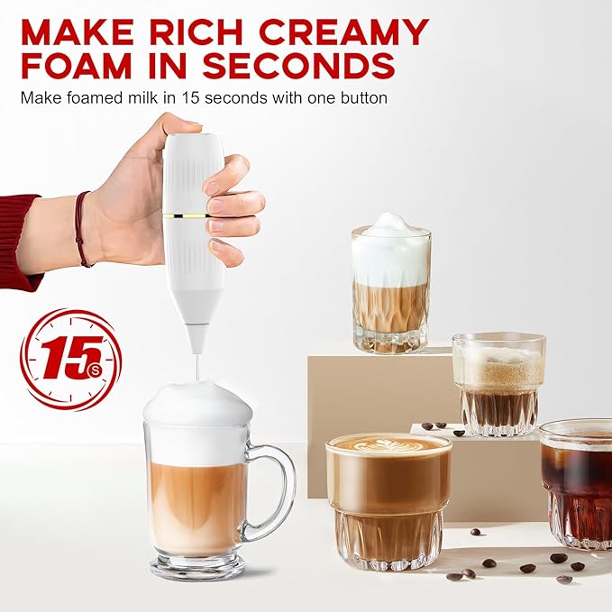 Handheld Milk Frother 14,000 RPM Drink Mixer Wand with Stand & Stirring Spoon Quiet One-Button Operation, Non-Slip Handle, Detachable Whisk Head for Coffee, Lattes, Cappuccinos, Matcha (White)