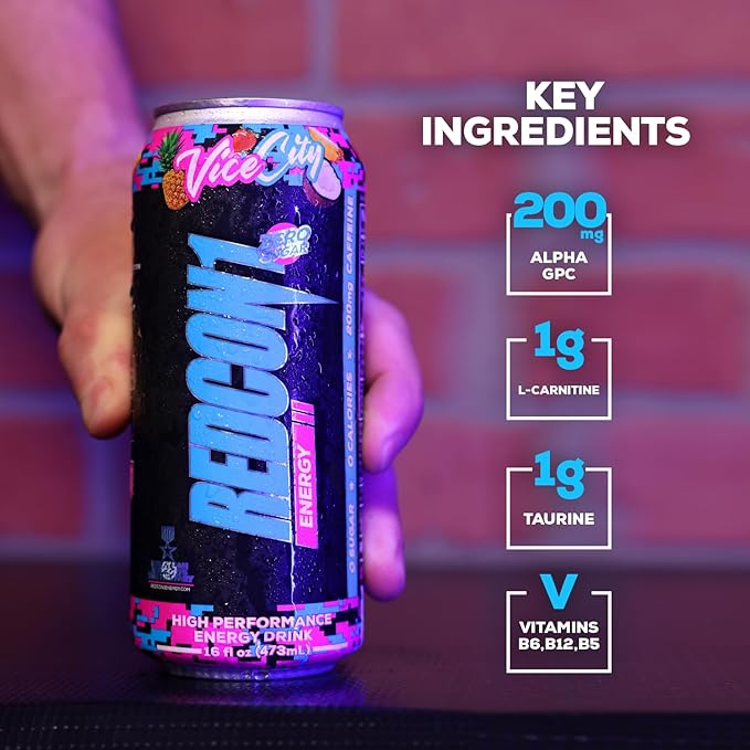 REDCON1 Energy High Performance Drink, Vice City - Zero Sugar Energy Drink with Alpha GPC Nootropic - 200mg of Natural Caffeine from Green Coffee Beans - Vitamin B6, B12 & B5 to Boost Mood (12 ct)