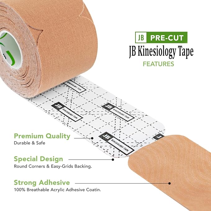 JB Tape, Precut Kinesiology Strips 4 Rolls- (80 Count, 10") Elastic, Latex-Free, Water Resistant, Athletic Sports Tape for Body, Joint & Muscle Support. (Beige)
