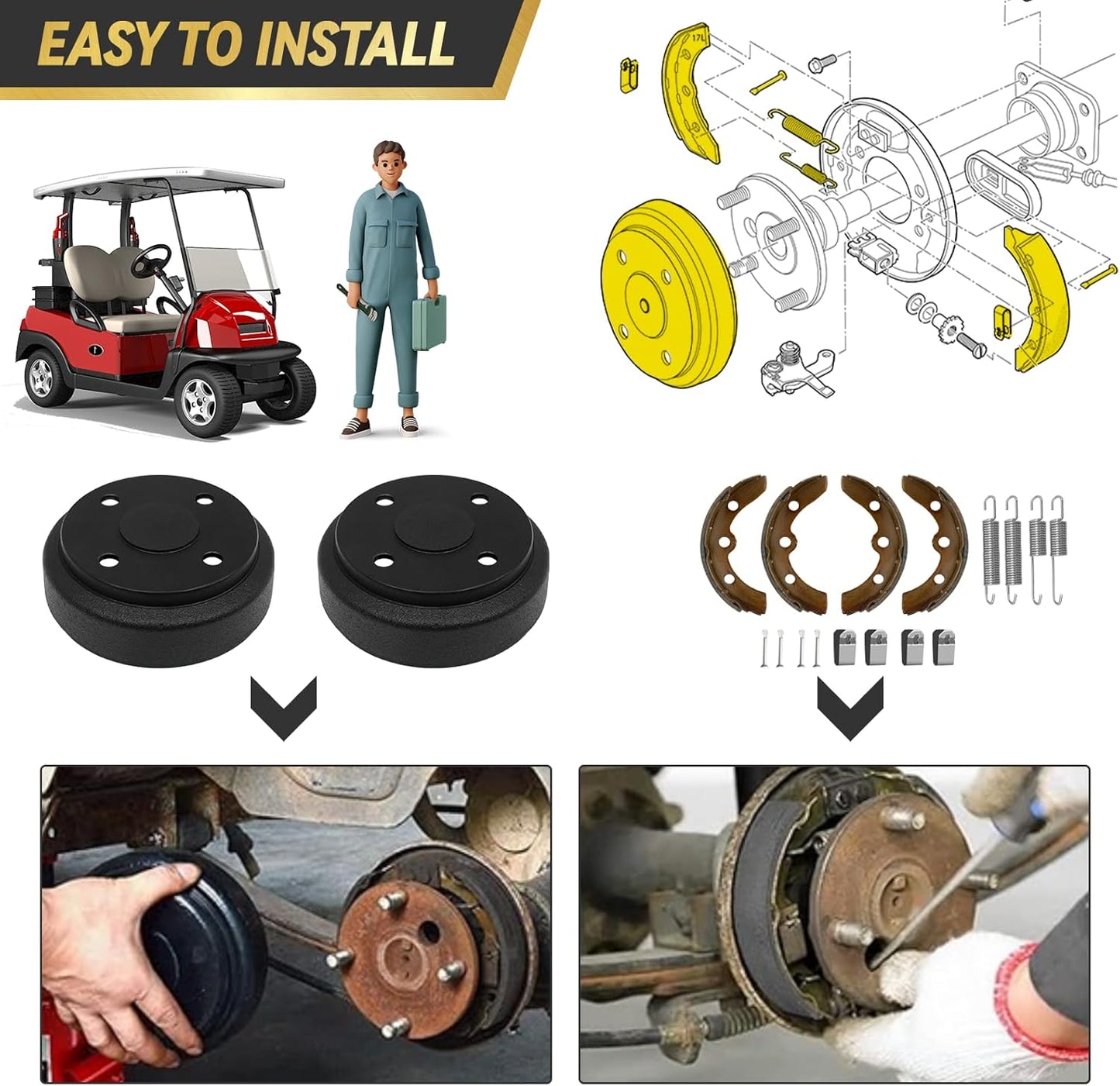 Golf Cart Brake Repair Kit fit Club Car DS 1995-Up and Precedent 2004-Up,Club Car Brake Drums & Brake Pads & Brake Shoes Spring Kit,OEM# 1018163-01,1011466, 1018232-01, 1017911-01