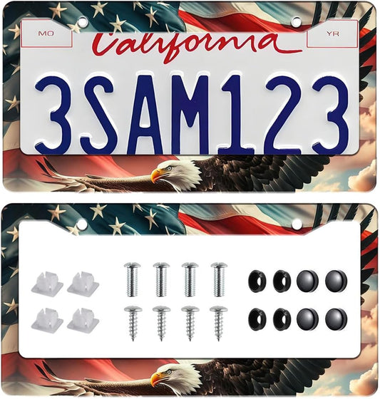 2 Pack US Flag Eagle Universal License Plate Frame - Heavy Duty Rustproof Aluminum Matte Black Car Tag Holder Bracket Fits All US States, Easy Install with Screws Included