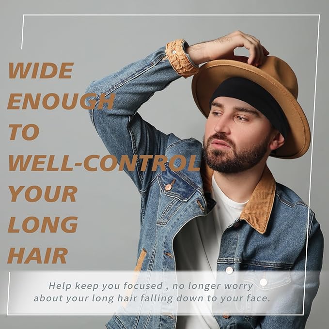 Wide Headbands for Men, Men’s Headbands for Long Hair, Head Bands for Men for Workout, Running, Baseball, Football, Tennis, Basketball, Softball, 8 Pieces