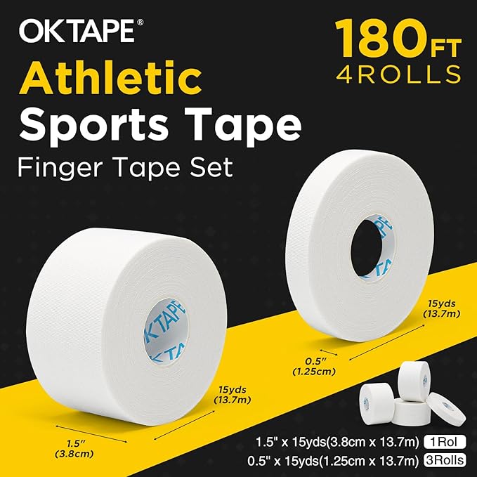 OK TAPE Athletic Tape Finger Tape, Extra Strong Adhesive Sports Tape for Weightlifting, Climbing, Basketball, Volleyball, White 3 Rolls 1.5" x 15yds and 1 Roll 0.5in x 15yds