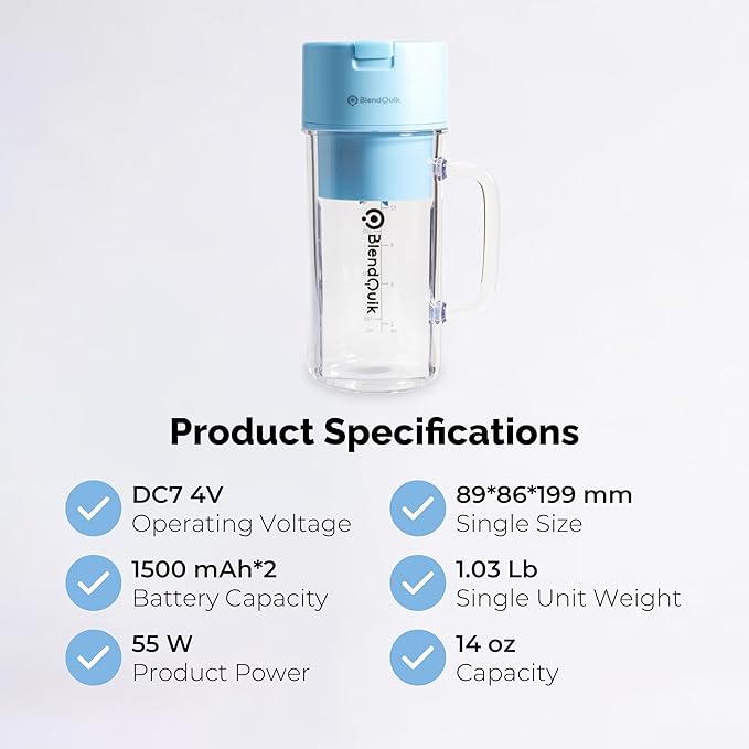 Personal Portable Blender For Shakes & Smoothies, Leakproof & Stylish Portable Mason Jar Shaker, Rechargeable Mini Blender with 10-Blade Blending System 14oz, Sky Blue