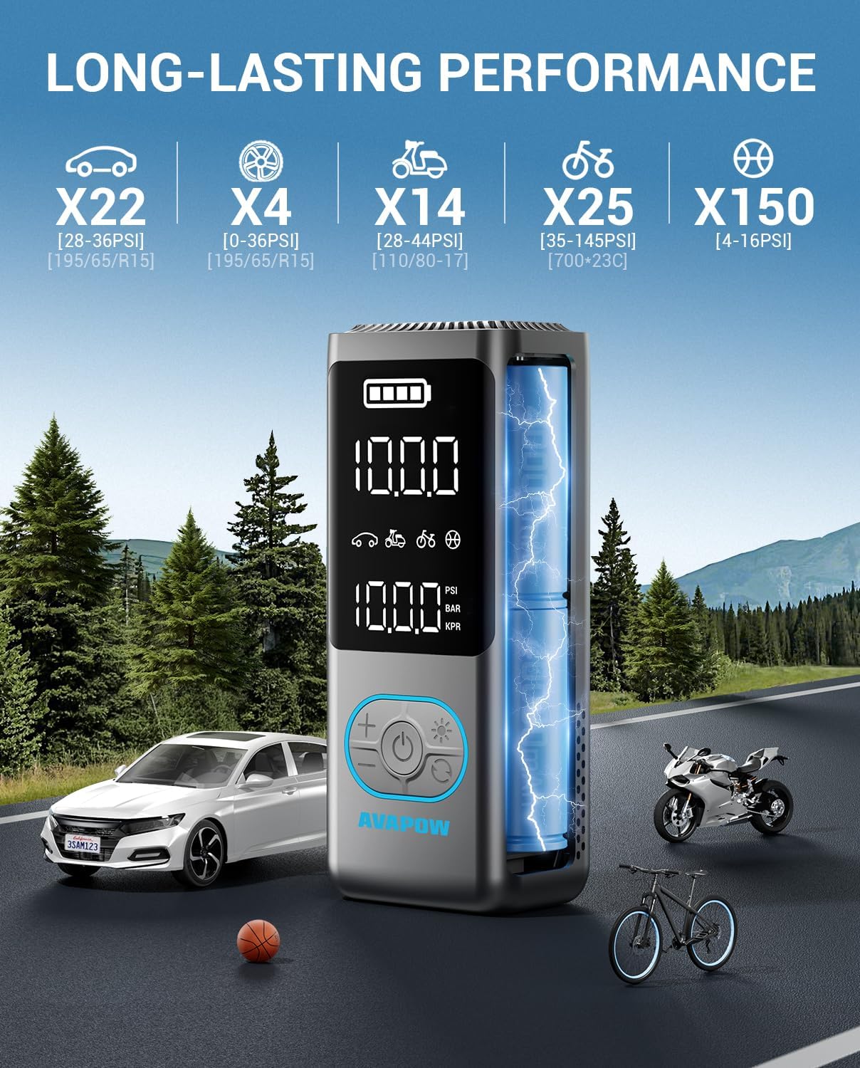 AVAPOW Tire Inflator Portable Air Compressor, 150 PSI Cordless Car Tire Air Pump with Pressure Gauge, 3.7″ LCD Screen, Auto-Shuts Off Tire Pump for Car, Motorcycle, Bike, Balls