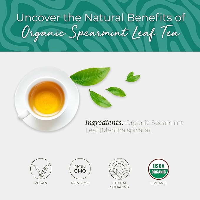Starwest Botanicals Organic Spearmint Leaf Tea - Caffeine Free Herbal Tea, Promotes Calm, USDA Organic Spearmint Leaf, String Free Sachets, Non GMO - 20 Tea Bags