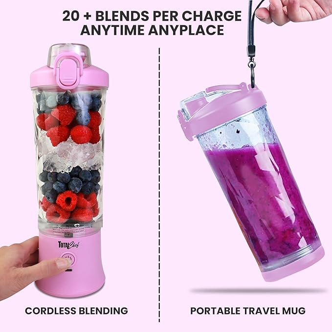 Total Chef Smoothie Portable Blender Personal Mini Juicer for shakes and smoothies travel blender Lid Type-C USB Rechargeable Leakproof Pink