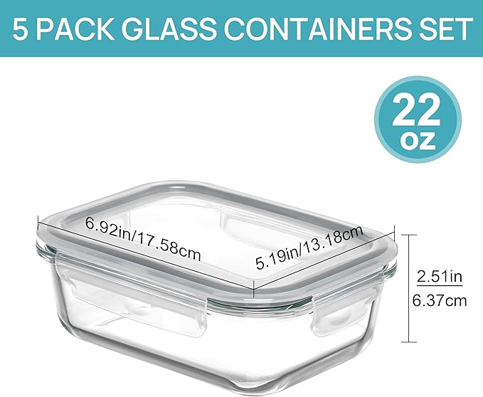 Vtopmart 5Pack 22oz Glass Storage Containers with Lids, Glass Meal Prep Food Container Sets with Snap Airtight Lids for Microwave, Oven, Freezer and Dishwasher