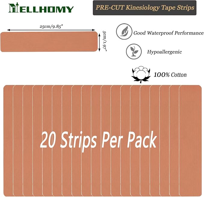 Kinesiology Tape<20 Precut Strips>Pro Elastic Athletic Tape,Cotton Waterproof Breathable Hypoallergenic Sport Tape for Joints Support & Muscle Pain Relief(Skin Color)