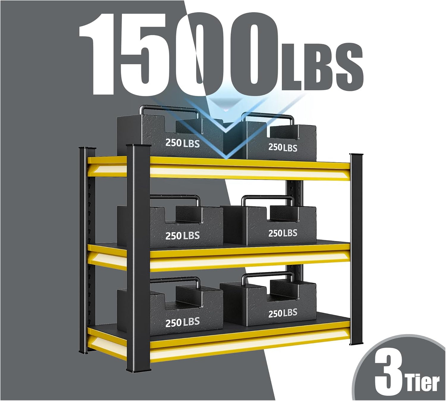 40" W Garage Shelving Heavy Duty, 1500LBS Loads Adjustable Garage Storage Shelves,3-Tier Metal Storage Racks and Shelving Units, Utility Rack Shelves,40" W x 18" D x 36" H,Yellow