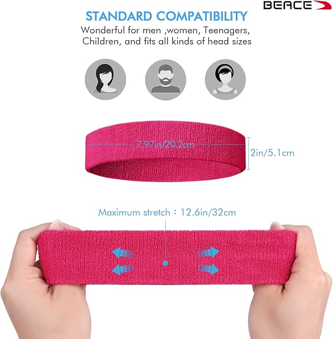 BEACE Sweatbands Sports Headband for Men & Women - Moisture Wicking Athletic Cotton Terry Cloth Sweatband for Tennis, Basketball, Running, Gym, Working Out