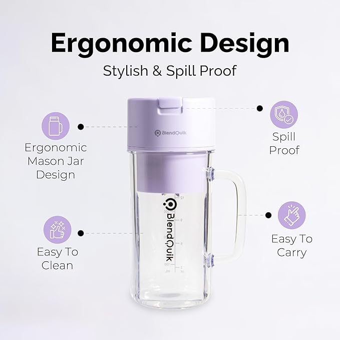 Personal Portable Blender For Shakes & Smoothies, Leakproof & Stylish Portable Mason Jar Shaker, Rechargeable Mini Blender with 10-Blade Blending System 14oz, Purple