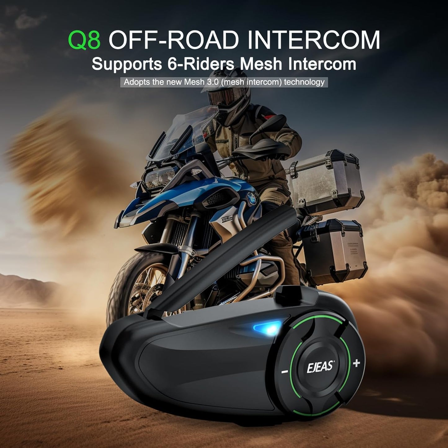 EJEAS Q8 1PC Motorcycle Bluetooth Headset, Upgraded Mesh 3.0 Intercom System with Music Sharing and IP67 Waterproof for 6 Riders Group Talking