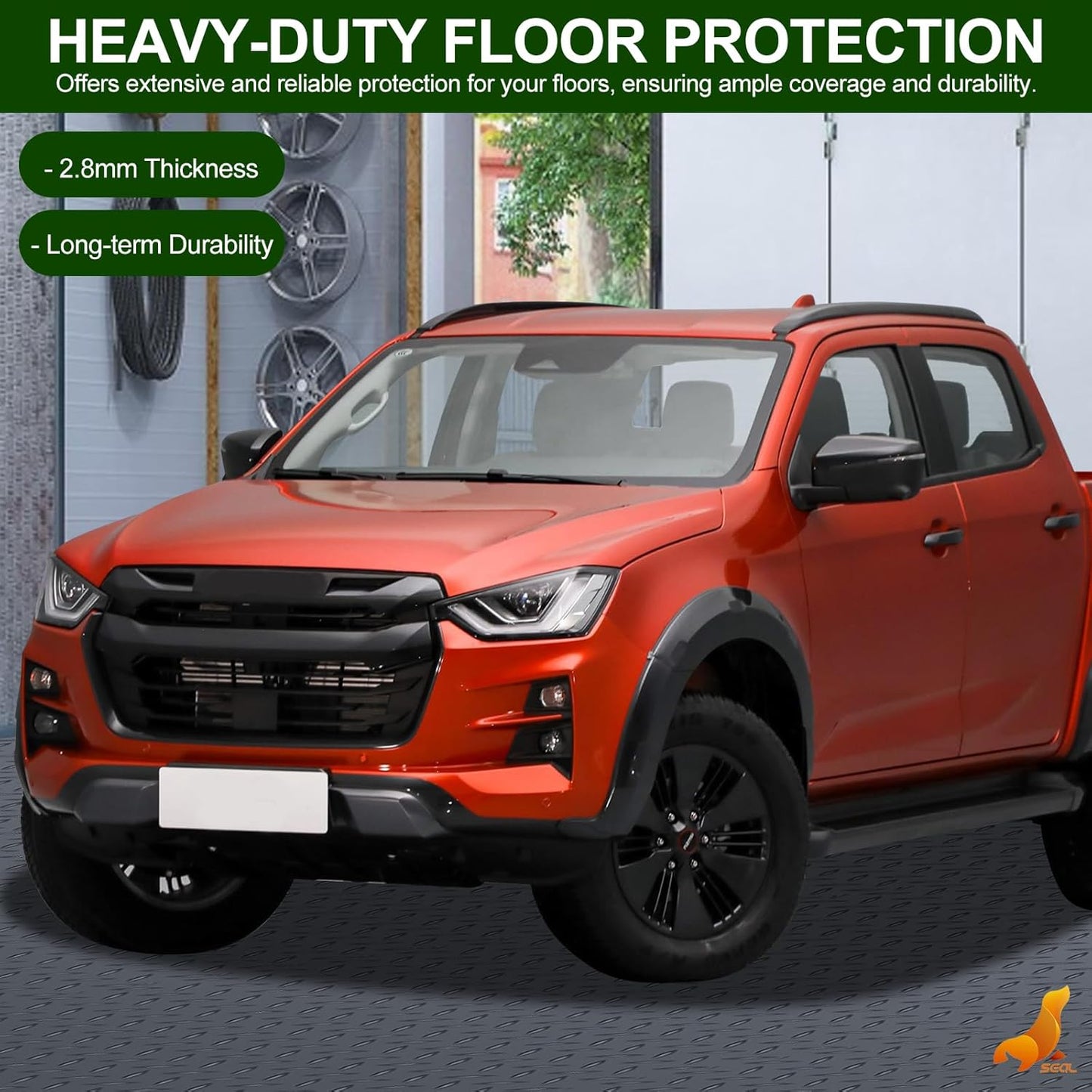 SEAL 5 x 8 Ft Premium Garage Floor Mat, Solid 2.8mm Thick Gray Commercial Grade Heavy Duty Parking Mat for Garage Floor, Golf Cart Parking, Water/Stain Resistant Floor Runner (Embossed Diamond Plate)