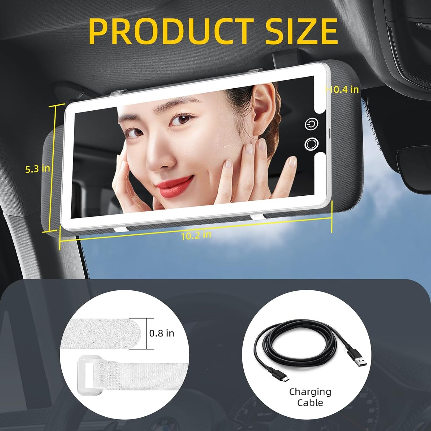 Car Sun Visor Vanity Mirror,Dimmable Makeup Mirror for Car Visor,Rechargeable Led Light with 3 Modes,White