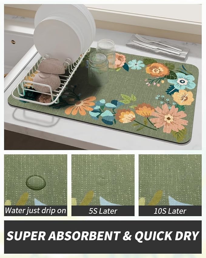 AMOAMI Coffee Mat - Hide Stain Rubber Backed Absorbent Dish Drying Mat for Kitchen Counter - Bar Accessories Fit Under Coffee Maker, Espresso Machine, Dish Rack - Floral Green 16x24