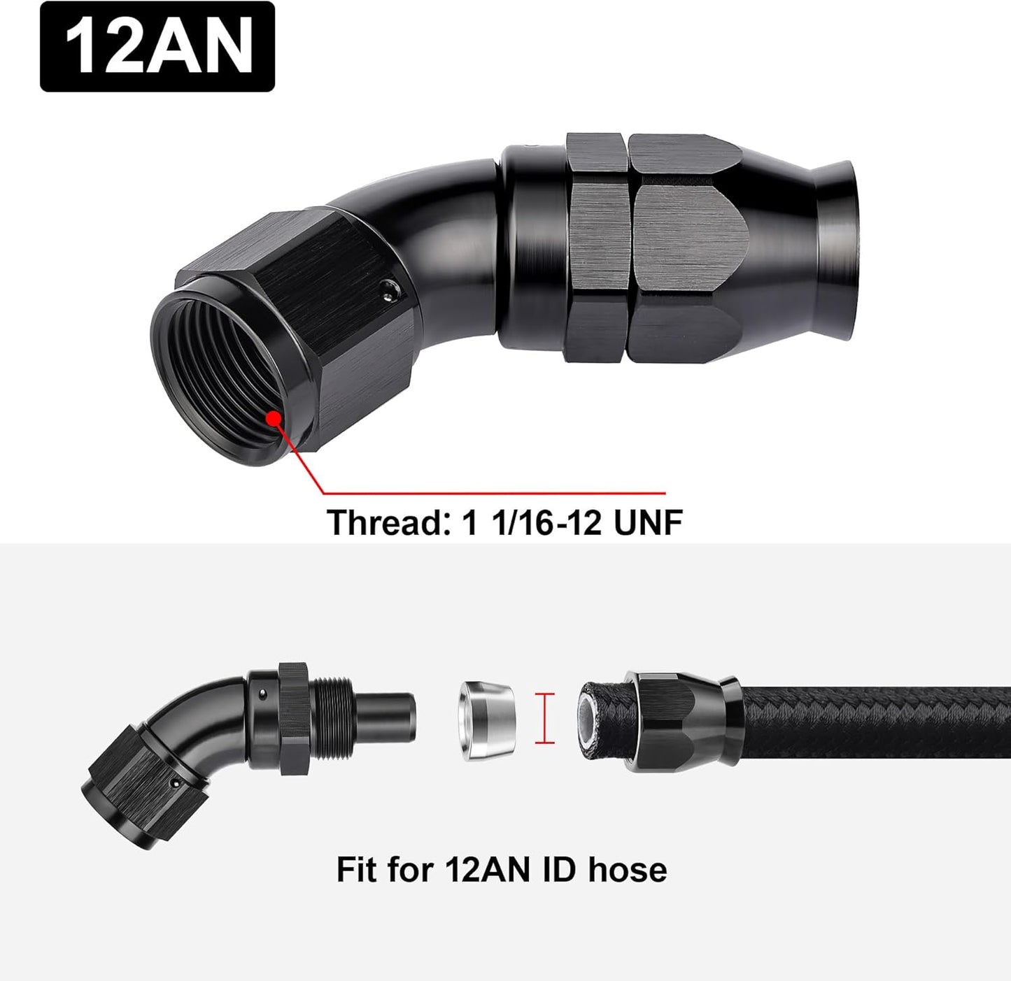 EVIL ENERGY 12AN 45 Degree PTFE One Piece Full Flow End Hose Fitting Aluminum Black