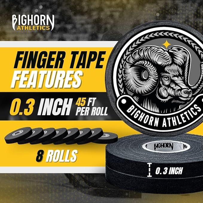 Bighorn Athletics Jiu Jitsu Finger Tape | Residue-Free Athletic Finger Tape for Sports & Injuries: Rock Climbing, Volleyball, Football, Basketball, Hands & Toes | 0.3-Inch x 45-feet, 8-Rolls, Black