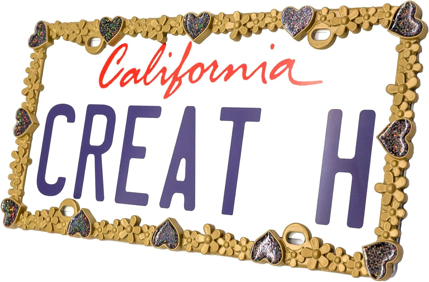 Creathome 3D Shining Daisy Heart License Plate Frame from Pure Zinc Alloy Metal Perfect Plate Holder, Matt Gold with Black Glitter, Luminously Heart