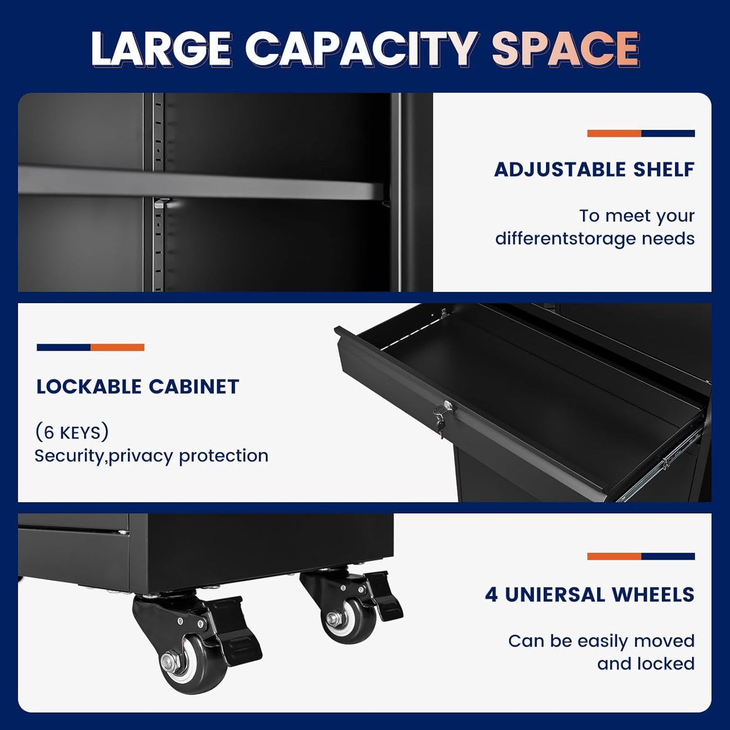 Yizosh Metal Garage Storage Cabinet with Locking Doors and Adjustable Shelves, 73" Rolling Tool Storage Cabinet with 4 Wheels and 1 Drawer for Garage,Warehouse (Black)