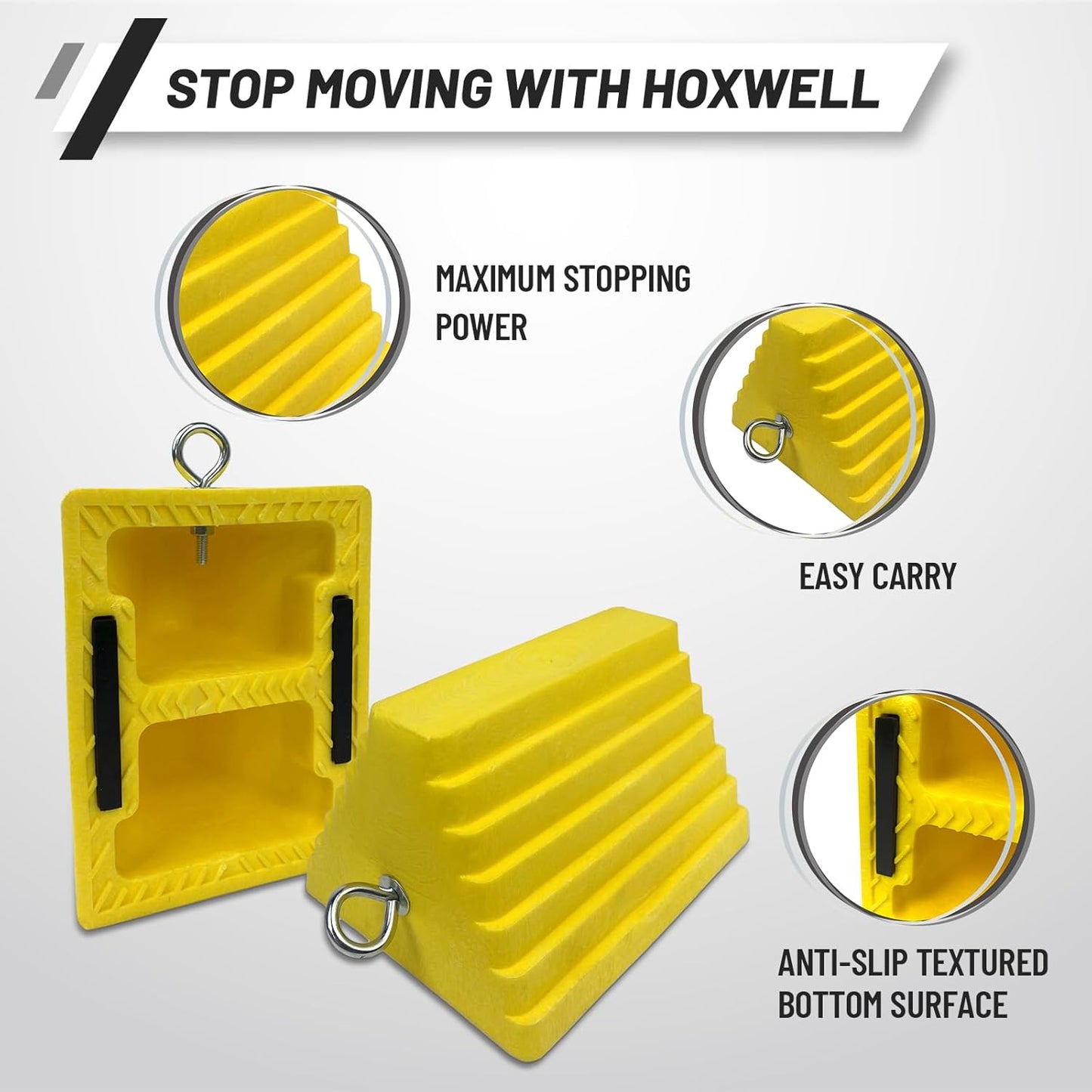 Premium 4 pcs Heavy Duty Wheel Tire Chocks, Vehicle Chocks with Eyebolt for Travel Trailers, Camper, Truck, Car and ATV 4 Pack, Yellow