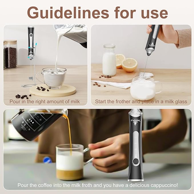 Rechargeable Frother Wand with Stand, Milk Frother with Detachable Stainless Steel Double Rings Whisk, 3-Speed Handheld Electric Drink Mixer for Lattes, Cappuccino, Coffee