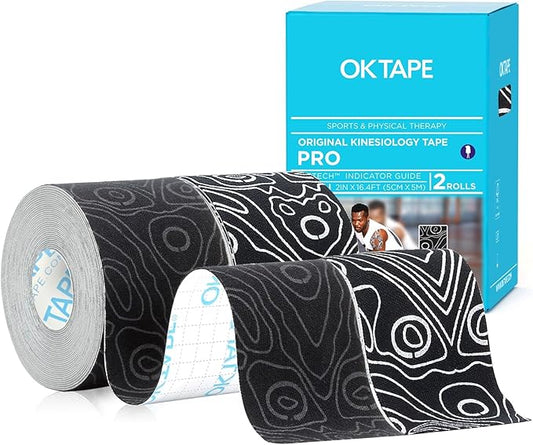 OK TAPE PRO Kinesiology Tape Uncut Roll, Elastic Physical Therapy Athletic Tape for Pain Relief, Muscle Support, Kinetic Tape, Water Resistant, 2in X 16.4ft -Black 2 Rolls