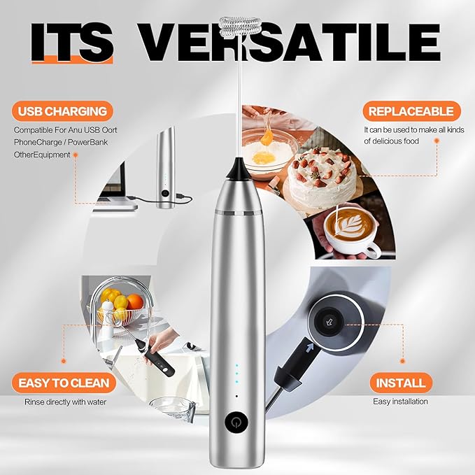 Milk Frother Rechargeable Handheld Electric Whisk Coffee Frother Mixer with 2 Stainless whisks 3 Speed Adjustable Foam Maker Blender for Coffee Matcha Latte Cappuccino Hot Chocolate(Gray)